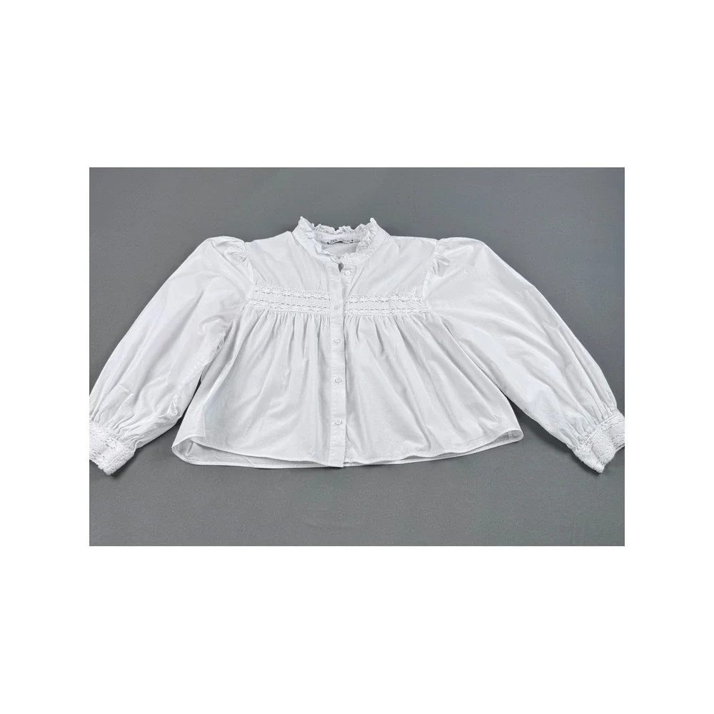Zara White Cotton‎ Eyelet Lace Ruffle Collar Puff Sleeve Blouse XL Victorian
